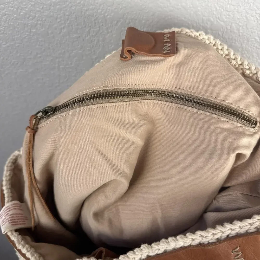 Lucky Brand Ivory Cotton Crochet Leather Trim Boho Hobo Shoulder Bag Purse Tote